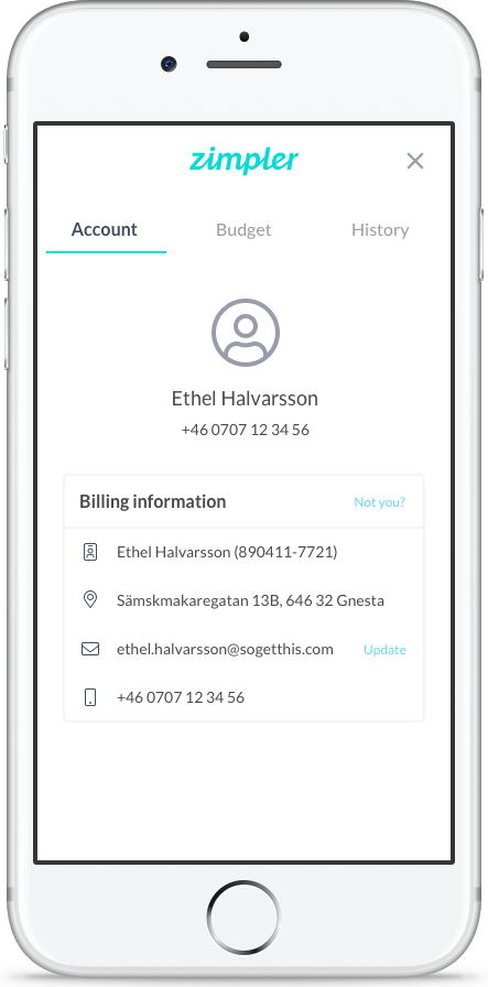Zimpler account screen