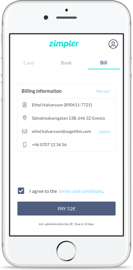 Zimpler bill screen