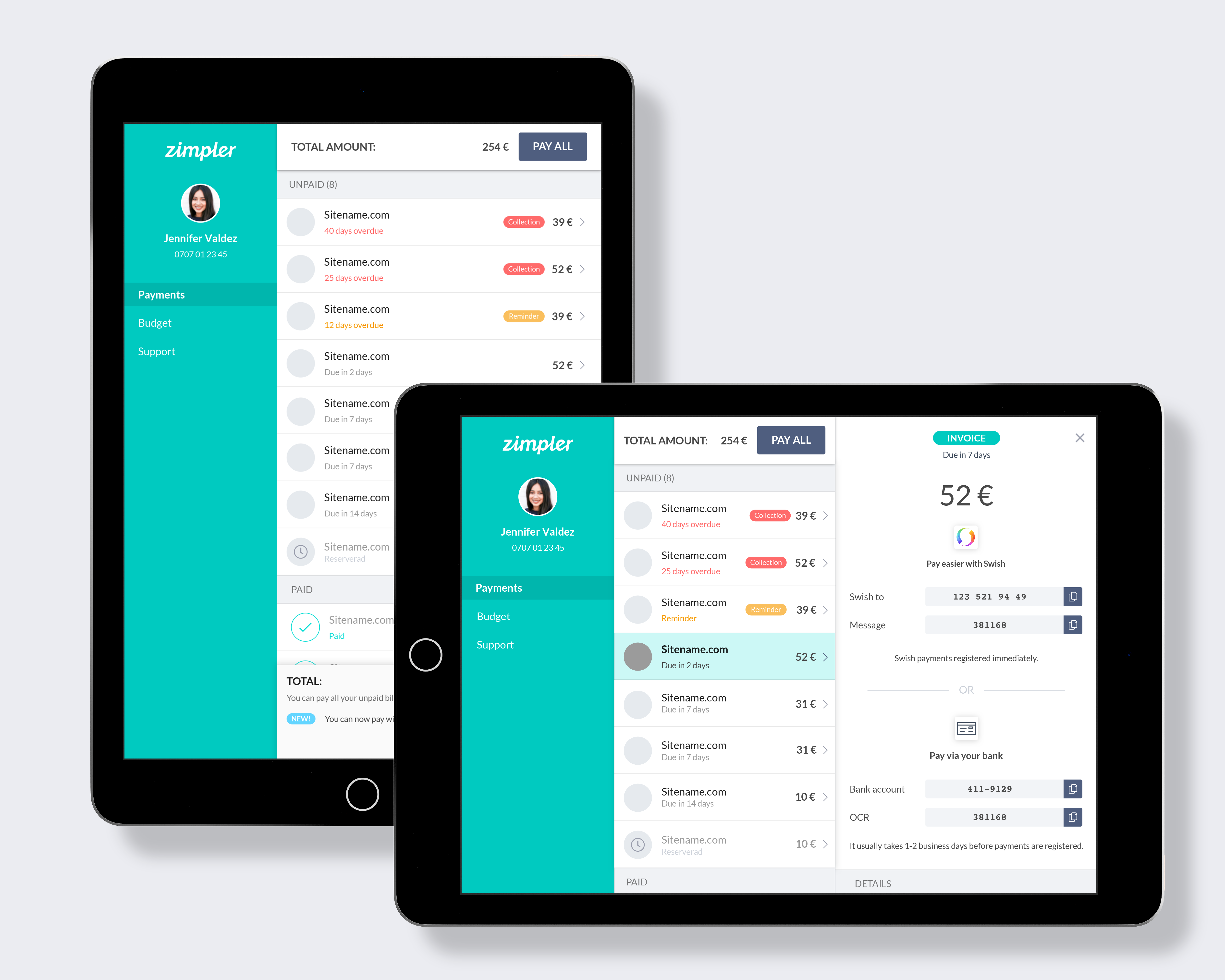 Zimpler portal list view on tablets