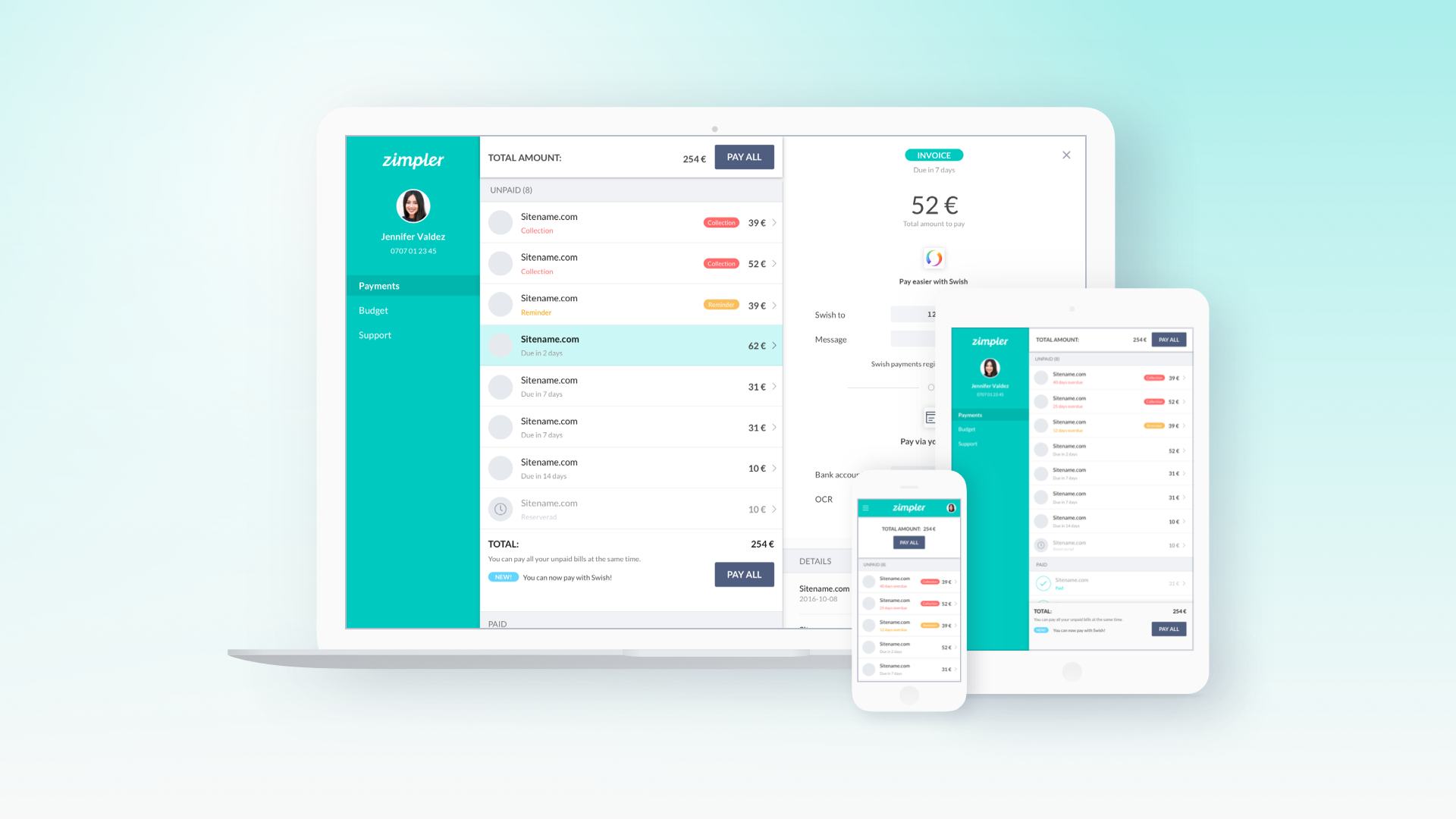 Zimpler user portal responsive screens